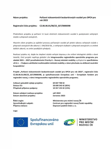 Pořízení nízkoemisních bezbariérových vozidel pro DPCH pro rok 2023